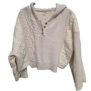 POL Cream Chunky Knit Hooded Henley Sweater Oversized Boho Cozy Top